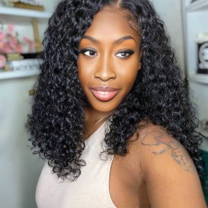 Home center wig natural black remy hair 2x6 lace closure deep wave bob human hair wig