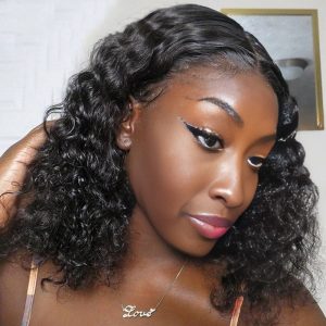 Home center wig natural black remy hair 5x5 lace closure deep wave 12 inch bob human hair wig