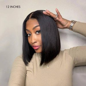 center wig natural black remy hair 5x5 lace closure straight bob human hair wig